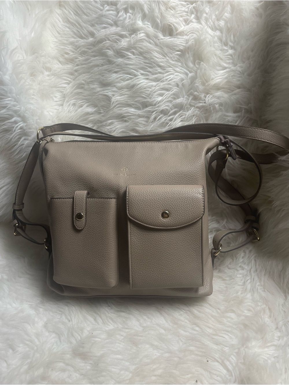 Nanette Lepore synthetic Taupe Crossbody Shoulder Bag with Front Pockets.